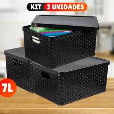 Kit Com 3 Cesto Caixa Organizadora Rattan Com Tampa 7 Litros Preto