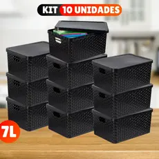 Kit Com 10 Cesto Caixa Organizadora Rattan Com Tampa  7 Litros Preto