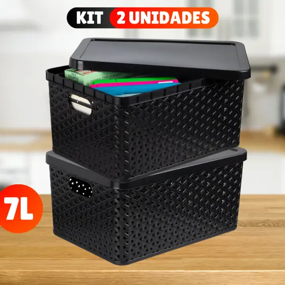 Kit Com 2 Cesto Caixa Organizadora Rattan Com Tampa 7 Litros Preto