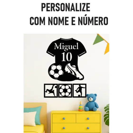 Quadro Camiseta de Futebol Personalizado com Nome em MDF 3mm Decorativo Dia das Crianças Menino