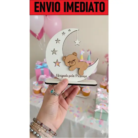 5 10 15 Centro de Mesa Ursinho na Lua MDF - Envio 24h Pronta Entrega Decoração Chá de Bebê Aniversário Batizado Luxo