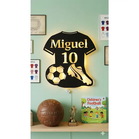 Luminária Camisa De Futebol MDF LED Personalizada Nome E Número Decoração Quarto Aniversario Menino