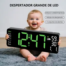 Relógio Despertador Digital De Mesa com Termômetro Umidade Exibição De LED Grande Parede Preto
