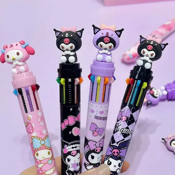 1PC Caneta Sanrio Personagem 10 Cores em 0,5mm Esferográfica Colorida Kuromi Fofa Material Escolar Papelaria