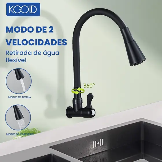 Torneira de cozinha preta de parede, 1/4 de volta