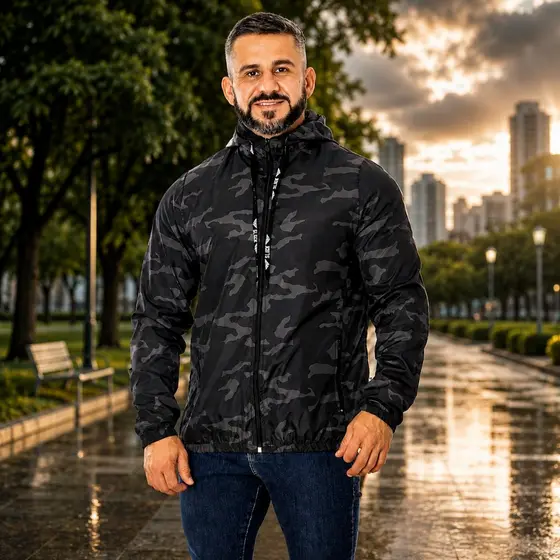 Jaqueta Corta Vento Blusa Estampada Tecido Resistente Água Jaqueta forro no Capuz e Elástico Mangas