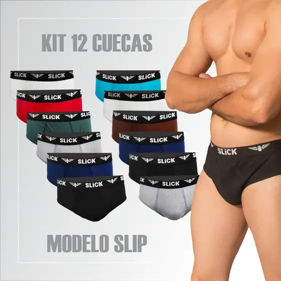 Kit 12 Cuecas Slip Masculino Tradicional Malha Algodão Elástico Preto Elastano Conforto Durabilidade