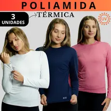 Kit 3 Camiseta Poliamida Tecido Gelado Feminina Térmica Manga Longa Anti Odor Proteção Uv50+ Inverno