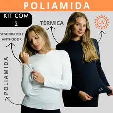 Kit 2 Camiseta Poliamida Tecido Gelado Feminina Térmica Manga Longa Anti Odor Proteção Uv50+ Inverno