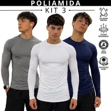 Kit 3 Camiseta Poliamida Tech Tecido Gelado Masculina Compressão Manga Longa Térmica Uv50+ Raglan