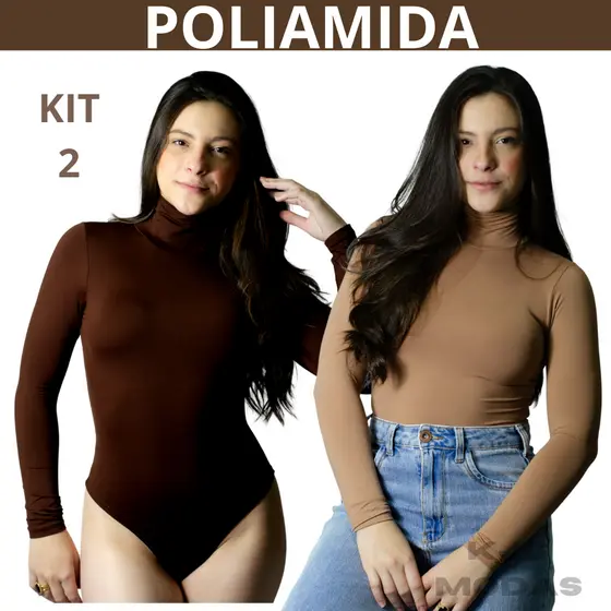 Kit 2 Body Poliamida Gola Alta Feminino Manga Longa Segunda Pele Feminino Inverno Cacharre Colchete
