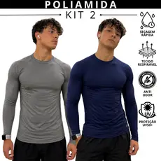 Kit 2 Camiseta Poliamida Tech Tecido Gelado Masculina Compressão Manga Longa Térmica Uv50+ Raglan