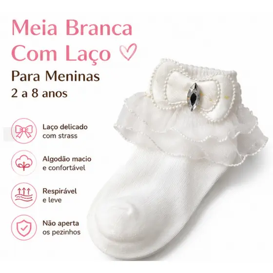 Meia Infantil Branca com Laço e Renda Menina Algodão Macia para Festa Escola 2 a 8 Anos