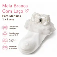 Meia Infantil Branca com Laço e Renda Menina Algodão Macia para Festa Escola 2 a 8 Anos