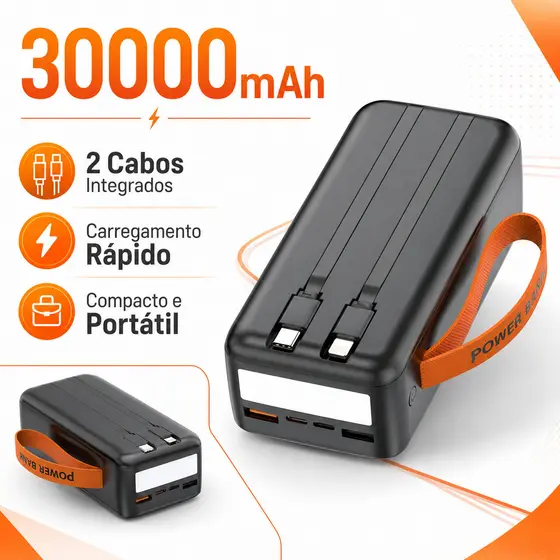 Power Bank 30000mAh com Chip Inteligente e Display LED – Suporte 66W, Tipo-C e IOS Preto