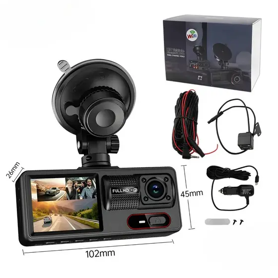 Câmera Veicular 3 Canais Full HD com Wi-Fi – Frontal, Interna e Traseira, Visão Noturna e Sensor G
