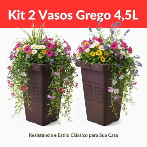 Kit 2 Vasos Grego 4,5 litros Quadrado Plástico Jardim Coluna Flores Resistente Decoração Casa Flor