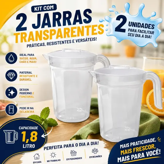 Kit 2 Jarras Plástico 1,8 Litros Tampa Alça Transparente Escolas Cozinha Restaurante Suco Agua