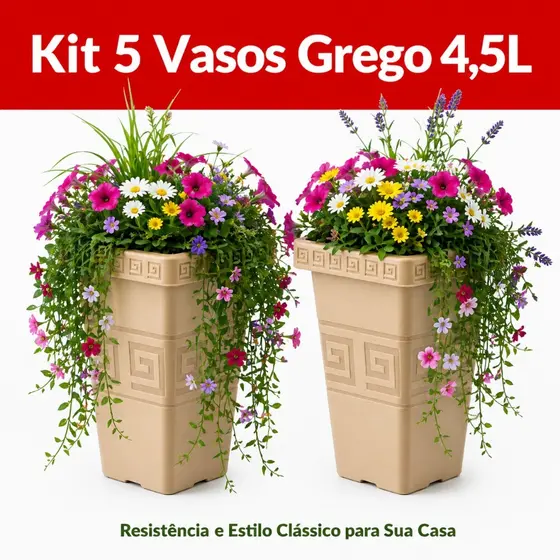 Kit 5 Vaso 4,5 litros Grego Quadrado Plástico Resistente Decoração Jardim Flores Ervas Coluna