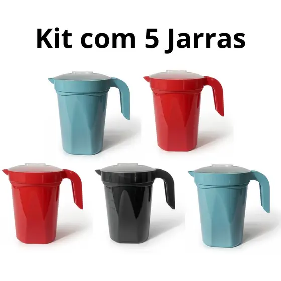 Kit 5 Jarras 1,8 Litros Plástico Colorida Tampa Transparente Suco Bonita Reforçada Verão Escola