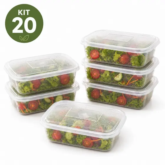 Kit 20 Potes Plástico 1,5 Litro Transparente Fit Fitness Micro-ondas Marmitex Marmita Cozinha Comida