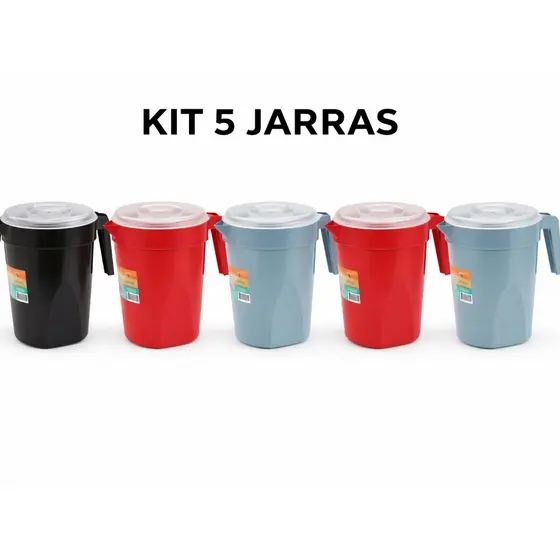 Kit 5 Jarras 4 Litros Plástico Colorida Tampa Transparente Suco Resistente Bonita Festas Escolas