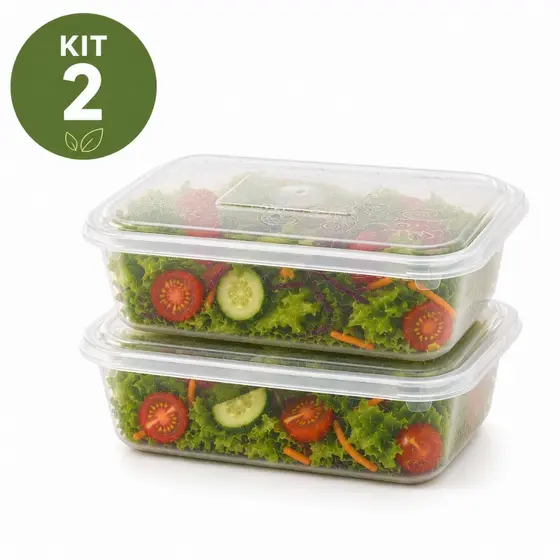 Kit 2 Potes Plástico De 1.5 Litros Transparente Fit Fitness Marmita Microondas Cozinha Geladeira