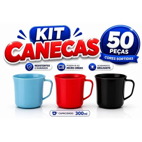 Kit 50 Canecas 300ml Plástico Resistente Festas Escola Colorida Crianças Creches Merenda Cabo Forte