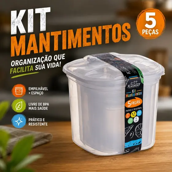 Kit 5 Porta Mantimentos Transparente Plástico Cozinha Comida Bolacha Arroz Biscoito Feijão Grãos