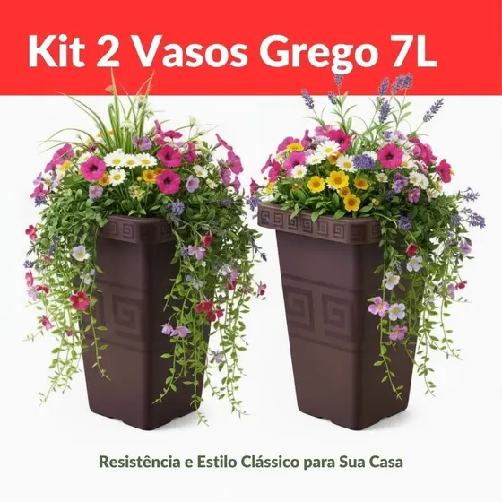 Kit 2 Vaso Grego 7 Litros Quadrado Plástico Resistente Decoração Jardim Casa Quintal Flores Plantas
