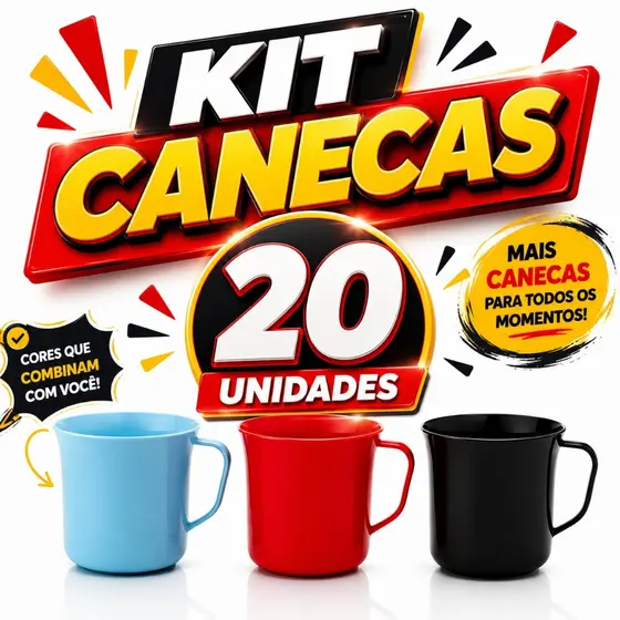 Kit 20 Canecas 300ml Festa Escola Colorida Plástico Resistente Com Alça Creches Crianças Piquenique