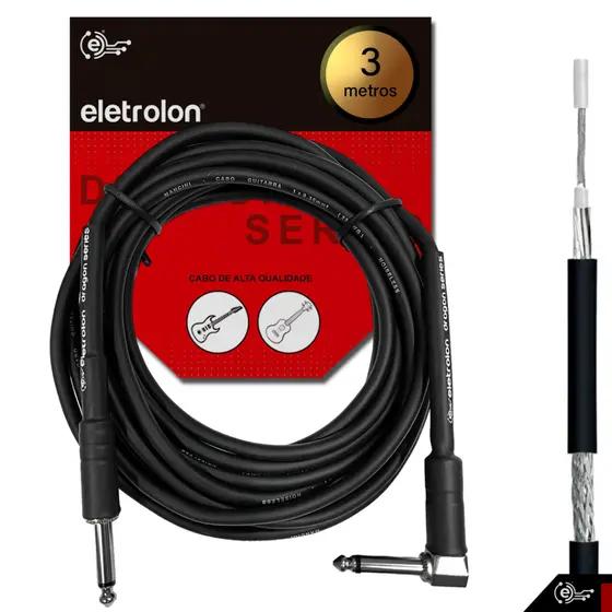 Cabo Plug P10 / P10 90º Graus Mono Para Violão Guitarra Baixo Alta Qualidade Profissional - Disponível em Vários Metros