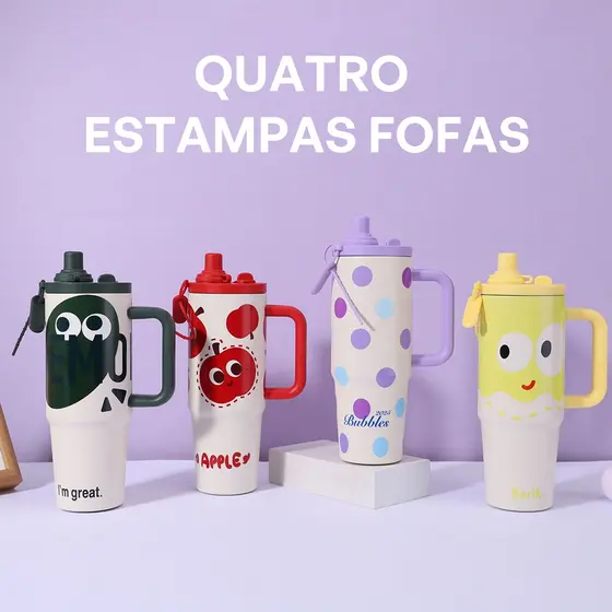Novidade! Copo Térmico Nuvens e Marmare em Aço Inox 900 ml Com Alça e canudo Aço inoxidável 316