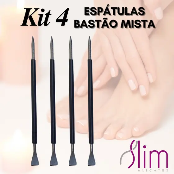 Kit 04 Espátulas Slim -  Bastão Mista Unha Inox PRETO Com Silicone  Cutelaria Manicure