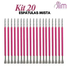 Kit 20 Espátulas Slim -  Bastão Mista Unha Inox ROSA Com Silicone Cutelaria Manicure