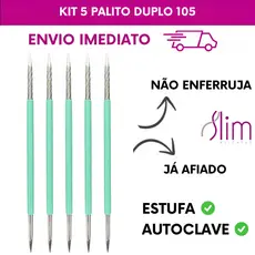 Kit 5 Palito Duplo 105 Cutícula Manicure Pedicure Cutelaria Unha verde Silicone Esterilizável Inox Slim