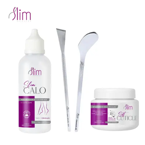 Kit Spá dos Pés Amaciante de Cutículas e Calos Slim 120ml + Creme Removedor + Espátulas 483 + 222