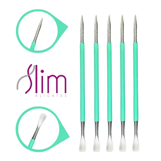 Kit 05 Espátulas Slim -  Bastão Mista Unha Inox VERDE Com Silicone Cutelaria Manicure