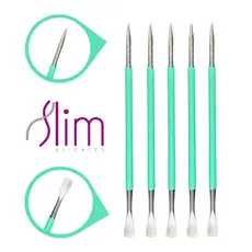 Kit 05 Espátulas Slim -  Bastão Mista Unha Inox VERDE Com Silicone Cutelaria Manicure