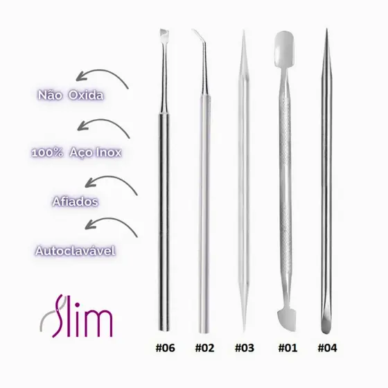 Kit Manicure Profissional 5 Itens - Espátulas Palitos -  Aço Inox -  Pedicure e Podologia Slim