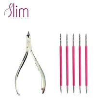 Kit Alicate Cuticula + 5 Palito Duplo 105 Slim Manicure Pedicure Cutelaria Unha rosa Silicone Esterilizável Inox