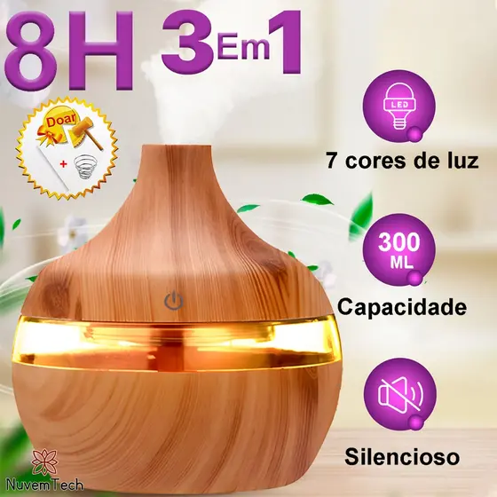 Umidificador De Ar Difusor Aromatizador De Ambiente 300ml Ultrassônico USB Madeira Purificador De Aromas Com Luz LED