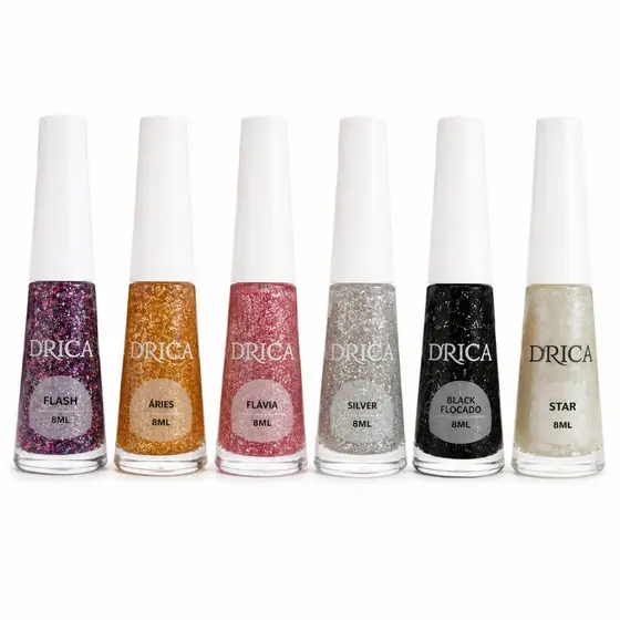 Esmaltes Drica Glitter Com 6 Esmaltes - Silver/Áries/Flash/Star/Flavia/Black Flocado