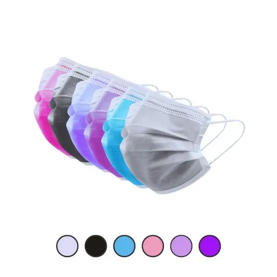 Kit Máscara Descartável Tripla Camada Adulta, Rosa, Preta, Azul, Branca, Lilas e Roxa