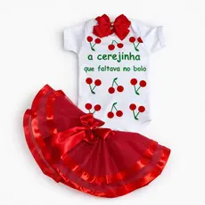 Body A Cerejinha Que Faltou Mesversário Menina com Tule de Luxo e Laço Kit