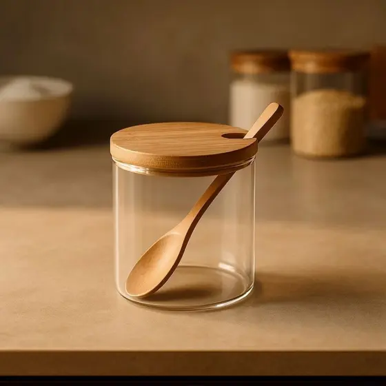 Pote de Vidro 280ml com Tampa e Colher de Bambu Organizador de Condimentos e Temperos para Cozinha