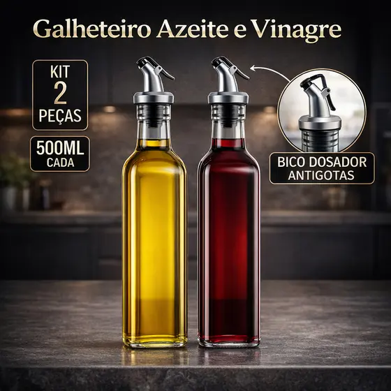 Kit 2 Porta-Azeite / Vinagre Vidro 500 ml – Galheteiro com Dosador Anti-Gota