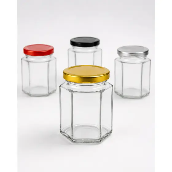 Kit Pote de Vidro Sextavado 200ml Tampa Metálica - 4, 8 ou 12  Unidades - Conservas, Geleias e Artesanato