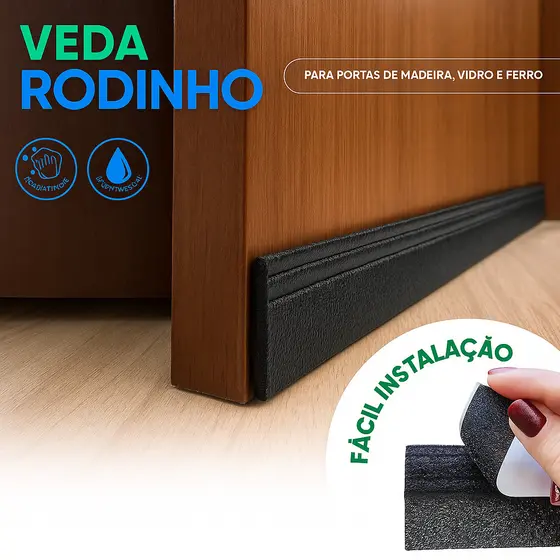 Veda Porta Adesivo 80 cm Preto com Rodinho – Bloqueia Insetos, Poeira, Vento e Frio