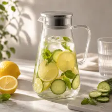 Jarra Vidro Borossilicato 1,65L Tampa Inox com Filtro Água Suco Chá Quente Frio Hermética
